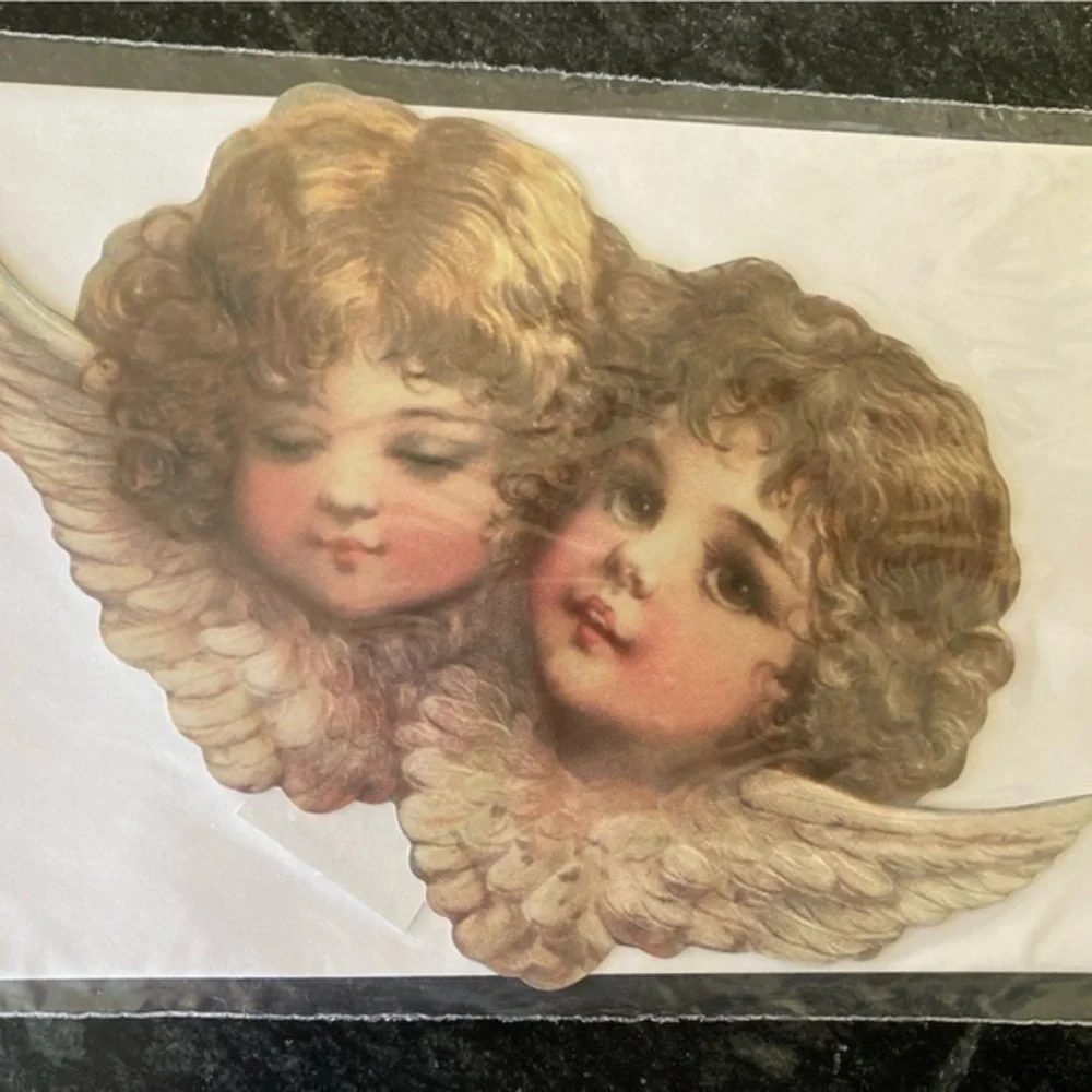 Shackman Old Fashioned Die Cut 2 Large Angel Heads Card NIP Victorian style